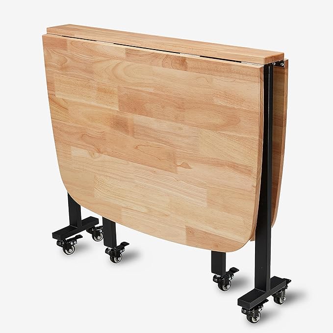 Multifunction Table Drop Leaf Dining Table - 47" Solid Wooden Foldable Kitchen Table with 6 Wheels (Natural) - LeafyLoom