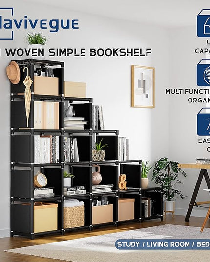 Mavivegue Bookshelf,16 Cube Storage Organizer,Book Shelf Organizer,Tall Bookcase Shelf,Black Cube Shelf Cubbies Closet Storage Organizer Shelves for Bedroom,Living Room,Home,Office, 16-Grid - LeafyLoom