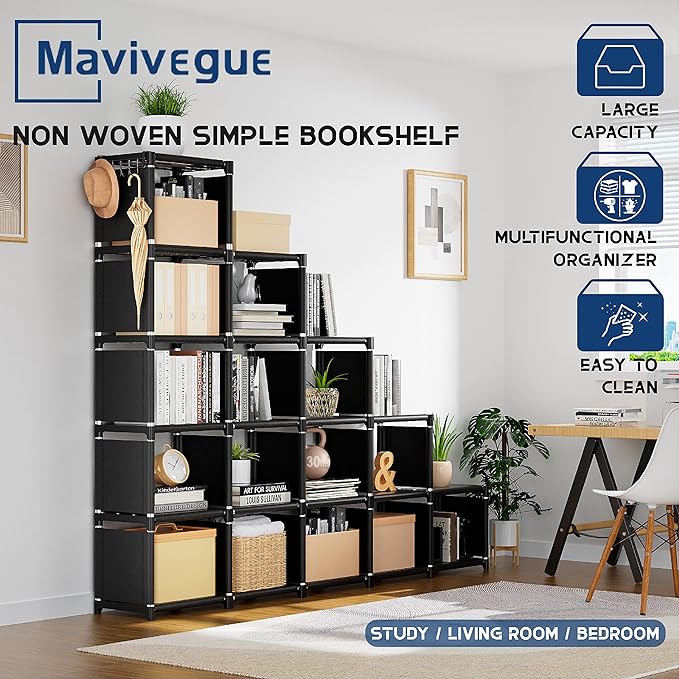 Mavivegue Bookshelf,16 Cube Storage Organizer,Book Shelf Organizer,Tall Bookcase Shelf,Black Cube Shelf Cubbies Closet Storage Organizer Shelves for Bedroom,Living Room,Home,Office, 16-Grid - LeafyLoom