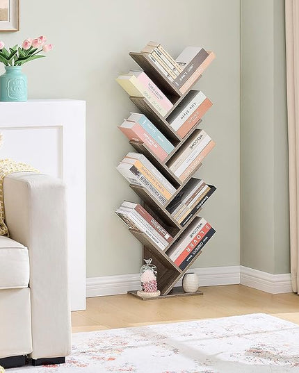 Hoctieon 10 Tier Tree Bookshelf, 10 Shelf Bookcase, Free Standing Tree Bookcase, Display Floor Standing Shelf for Books, Book Organizer Shelves for Home Office, Living Room, Bedroom, Greige - LeafyLoom
