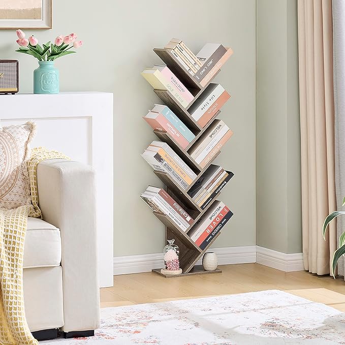 Hoctieon 10 Tier Tree Bookshelf, 10 Shelf Bookcase, Free Standing Tree Bookcase, Display Floor Standing Shelf for Books, Book Organizer Shelves for Home Office, Living Room, Bedroom, Greige - LeafyLoom