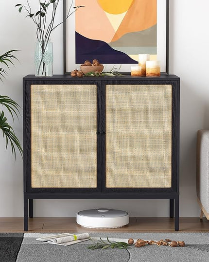 XIAO WEI Sideboard with Handmade Natural Rattan Doors, Rattan Cabinet Console Table Storage Cabinet Buffet Cabinet, for Kitchen, Living Room, Hallway, Entryway, Black - LeafyLoom
