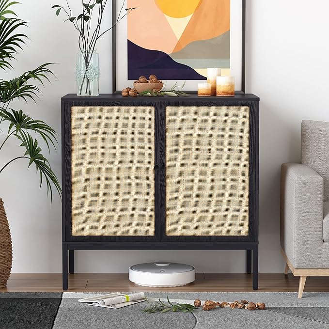 XIAO WEI Sideboard with Handmade Natural Rattan Doors, Rattan Cabinet Console Table Storage Cabinet Buffet Cabinet, for Kitchen, Living Room, Hallway, Entryway, Black - LeafyLoom