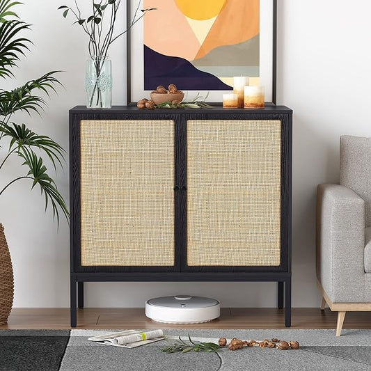 XIAO WEI Sideboard with Handmade Natural Rattan Doors, Rattan Cabinet Console Table Storage Cabinet Buffet Cabinet, for Kitchen, Living Room, Hallway, Entryway, Black - LeafyLoom