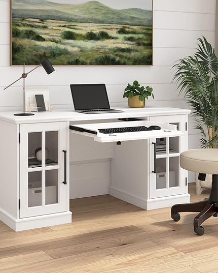 Bush Furniture Westbrook 60W Computer Desk with Storage and Keyboard Tray in White Ash | Farmhouse Desk for Home Office Workspace - LeafyLoom