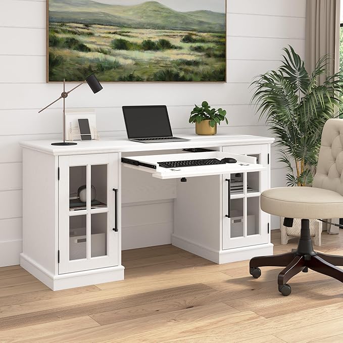 Bush Furniture Westbrook 60W Computer Desk with Storage and Keyboard Tray in White Ash | Farmhouse Desk for Home Office Workspace - LeafyLoom