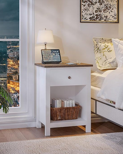 ChooChoo Farmhouse Nightstand with Charging Station, Wooden Top Bedside End Table with Drawer and Storage Space for Bedroom, White - LeafyLoom