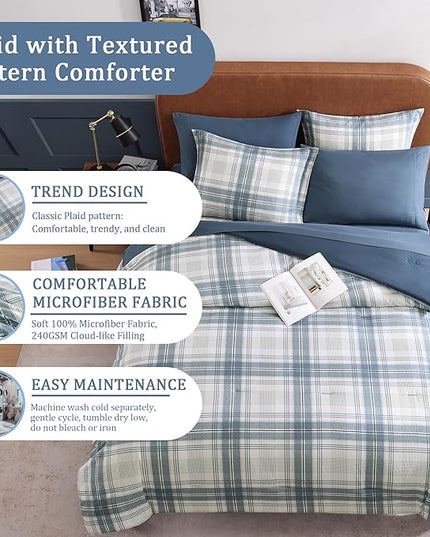 Blue Comforters Queen Size, Plaid Queen Bed Set for Boys & Girls,Classic Homestead-style Queen Size Comforter Sets with Sheets and Comforter Set - LeafyLoom