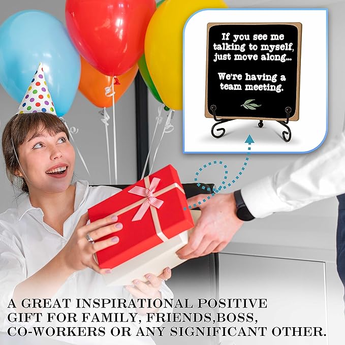 Rustic Office Desk Decor Sign Gift, Desk Accessories for Coworker, If You See Me Talking to Myself We're Having a Team Meeting Desk Plaque Sign with Stand, Home Office Desk Decoration -22 - LeafyLoom