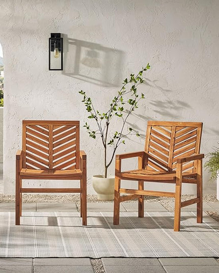 Walker Edison 2 Piece Outdoor Patio Chevron Wood Chair Set All Weather Backyard Conversation Garden Poolside Balcony, Set of 2, Brown - LeafyLoom