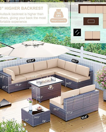 Kullavik 10 Pieces Outdoor Patio Furniture Set with 43" Gas Propane Fire Pit Table PE Wicker Rattan Sectional Sofa Patio Conversation Sets,Sand - LeafyLoom