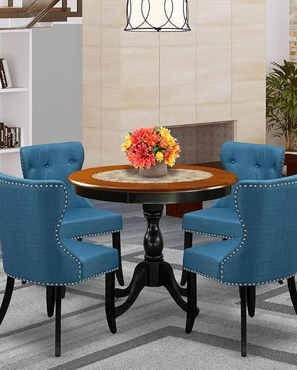 East West Furniture AMSI5-BCH-21 Antique 5 Piece Room Furniture Set Includes a Round Kitchen Table with Pedestal and 4 Blue Linen Fabric Parsons Dining Chairs, 36x36 Inch - LeafyLoom