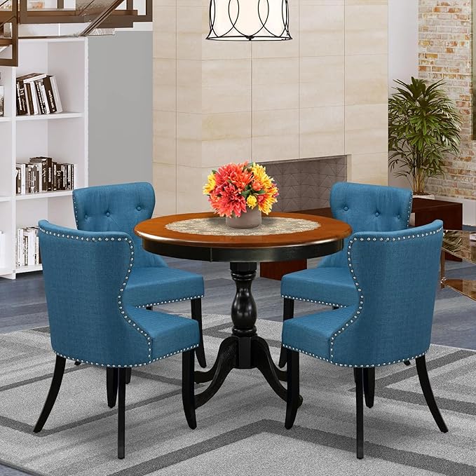 East West Furniture AMSI5-BCH-21 Antique 5 Piece Room Furniture Set Includes a Round Kitchen Table with Pedestal and 4 Blue Linen Fabric Parsons Dining Chairs, 36x36 Inch - LeafyLoom