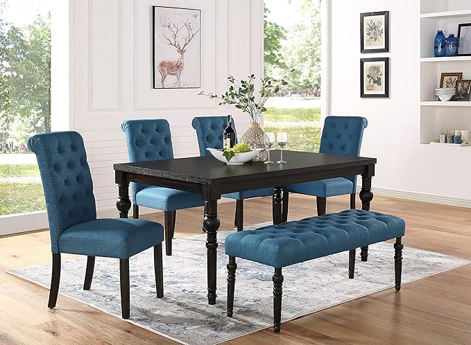 Roundhill Furniture Leviton Urban Style Dark Washed Wood Dining Set: Table, 4 Chairs and Bench, Blue - LeafyLoom