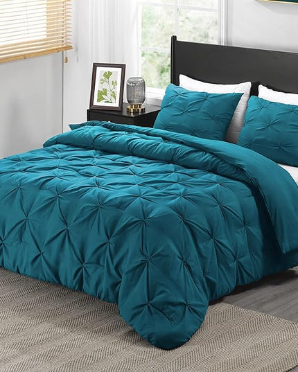 downluxe Pintuck Queen Comforter Set with 2 Pillow Shams - 3-Piece - Crystal Teal Queen Bed Comforter Set for All Seasons, Pinch Pleat Microfiber Down Alternative Bedding Comforter Sets - LeafyLoom