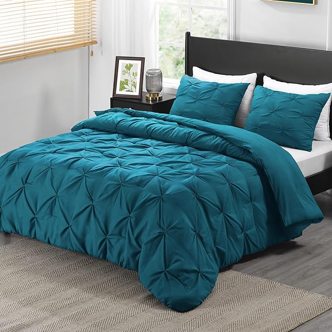downluxe Pintuck Queen Comforter Set with 2 Pillow Shams - 3-Piece - Crystal Teal Queen Bed Comforter Set for All Seasons, Pinch Pleat Microfiber Down Alternative Bedding Comforter Sets - LeafyLoom