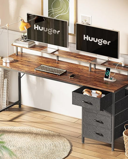 63 Inch Computer Desk with Power Outlets and LED Lights, Gaming Desk with 4 Drawers, Office Desk with Monitor Stand, Study Desk Work Desk for Home Office, Rustic Brown - LeafyLoom