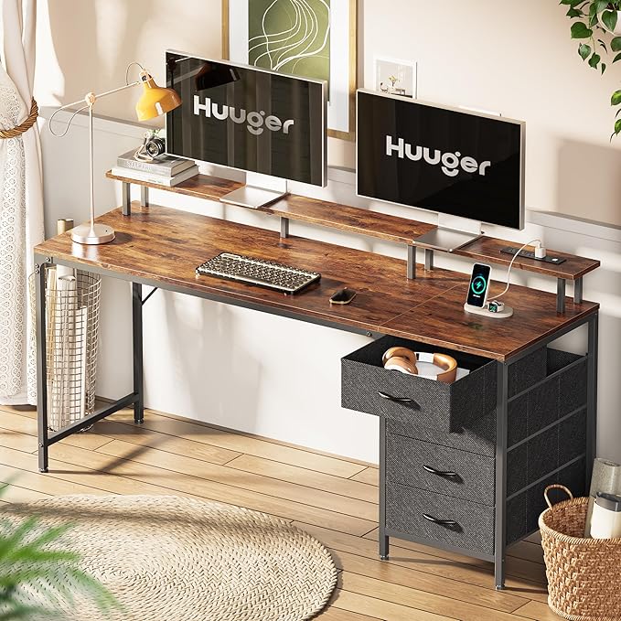 63 Inch Computer Desk with Power Outlets and LED Lights, Gaming Desk with 4 Drawers, Office Desk with Monitor Stand, Study Desk Work Desk for Home Office, Rustic Brown - LeafyLoom