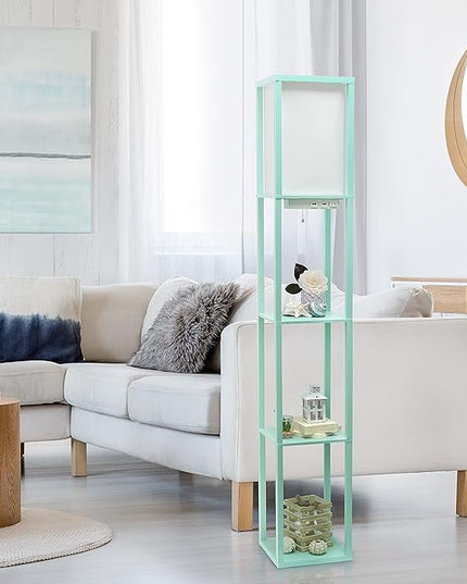 Simple Designs LF1037-AQU Floor Lamp Etagere Organizer Storage Shelf with 2 USB Charging Ports, 1 Charging Outlet and Linen Shade, Aqua - LeafyLoom