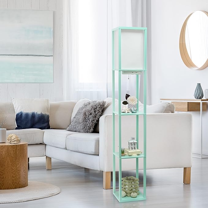 Simple Designs LF1037-AQU Floor Lamp Etagere Organizer Storage Shelf with 2 USB Charging Ports, 1 Charging Outlet and Linen Shade, Aqua - LeafyLoom