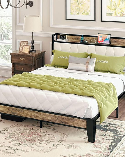 LIKIMIO Full Size Bed Frame, Storage Headboard with Charging Station, Solid and Stable, Noise Free, No Box Spring Needed, Easy Assembly (Walnut and Beige) - LeafyLoom