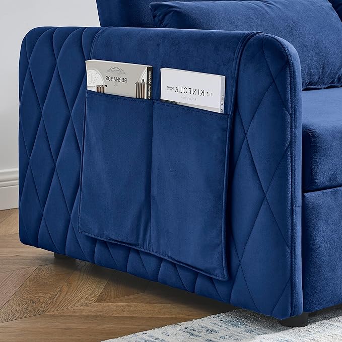 3 in 1 Sleeper Sofa Grid Design Armrests and 2 Pillows,Modern Convertible Loveseat Sofá W Pull Out Sleep Couch Bed,Velvet Upholstered Love Seat TV Sofabed for Living Room, 55", Blue1 - LeafyLoom