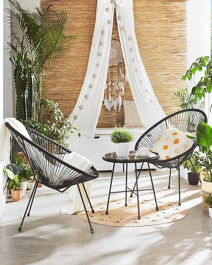 SONGMICS 3-Piece Outdoor Seating Acapulco Chair, Modern Patio Furniture Set, Glass Top Table and 2 Chairs, Indoor and Outdoor Conversation Bistro Set, Ink Black UGGF011B01 - LeafyLoom