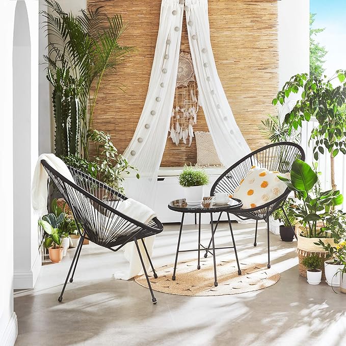 SONGMICS 3-Piece Outdoor Seating Acapulco Chair, Modern Patio Furniture Set, Glass Top Table and 2 Chairs, Indoor and Outdoor Conversation Bistro Set, Ink Black UGGF011B01 - LeafyLoom