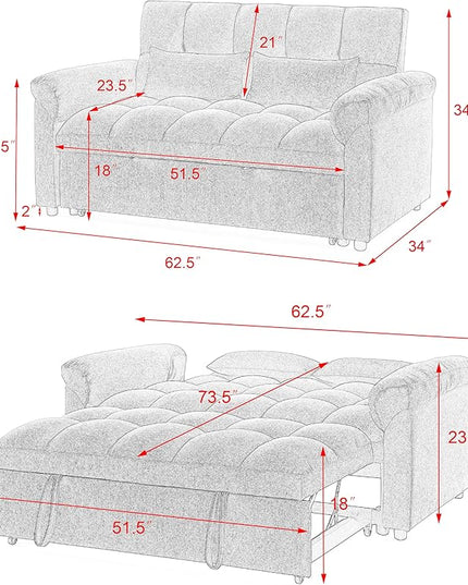 Large 2 Seater Sofa&Couch Loveseat W/Pull Out Sleeper Couch Bed and Pillows,3 in 1 Reclining Backrest Love Seat Convertible Twin XL Size Sleeper&Sofabed for Home Apartment Office Living Room - LeafyLoom