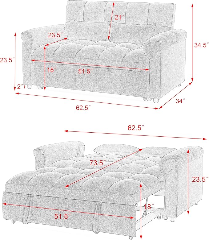 Large 2 Seater Sofa&Couch Loveseat W/Pull Out Sleeper Couch Bed and Pillows,3 in 1 Reclining Backrest Love Seat Convertible Twin XL Size Sleeper&Sofabed for Home Apartment Office Living Room - LeafyLoom