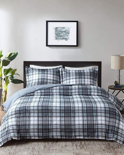 Madison Park Essentials Parkston Plaid Comforter, Matching Sham, 3M Scotchguard Stain Release Cover, Hypoallergenic All Season Bedding-Set, King/California King, Grey, 3 Piece - LeafyLoom