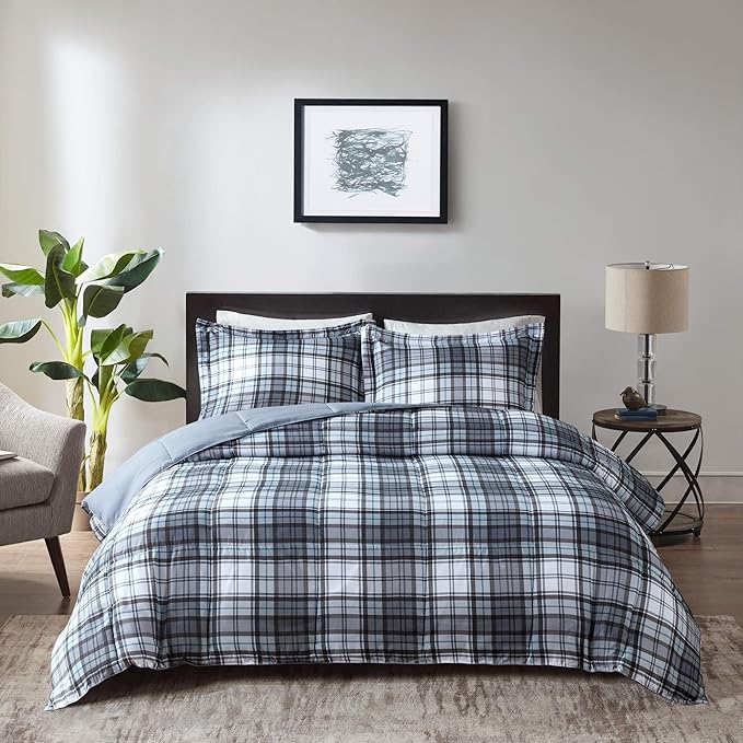 Madison Park Essentials Parkston Plaid Comforter, Matching Sham, 3M Scotchguard Stain Release Cover, Hypoallergenic All Season Bedding-Set, King/California King, Grey, 3 Piece - LeafyLoom