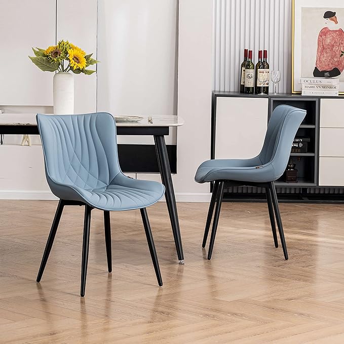 YOUTASTE Dining Chairs Set of 2 Upholstered Mid Century Modern Kitchen Dining Room Chairs Armless Faux Leather Accent Chairs Metal Vanity Lounge Chair with Back for Living Room Bedrooms,Blue - LeafyLoom