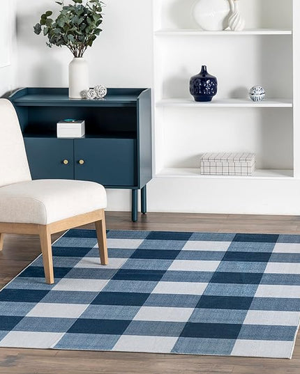 nuLOOM Lucy Machine Washable Farmhouse Buffalo Plaid Ultra Thin Area Rug, 8x10, Blue - LeafyLoom