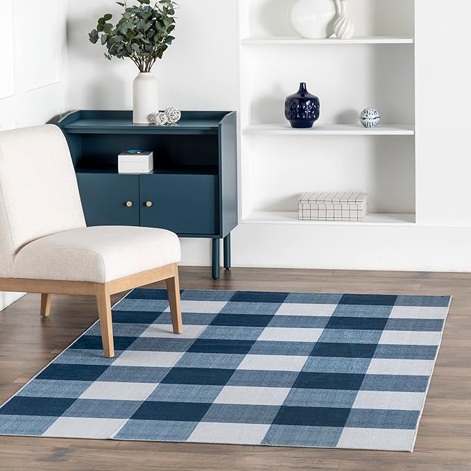 nuLOOM Lucy Machine Washable Farmhouse Buffalo Plaid Ultra Thin Area Rug, 8x10, Blue - LeafyLoom