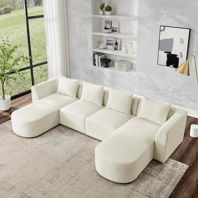 U Shape Sectional Sofa with Two Chaises, Upholstered Modular Couch w/Pillows for for Living Room, Office, DIY Combination, Beige, 117" - LeafyLoom