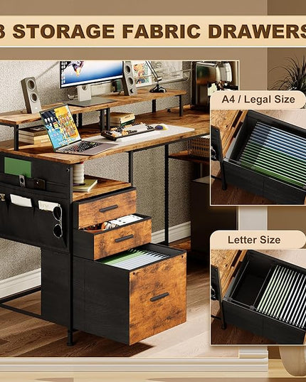 Computer Desk with 3 File Cabinet Drawers, 57.8'' Reversible Gaming Desk, Office Desk with Storage Shelves and Dual Monitor Stand for Home & Office (Rustic Brown) - LeafyLoom