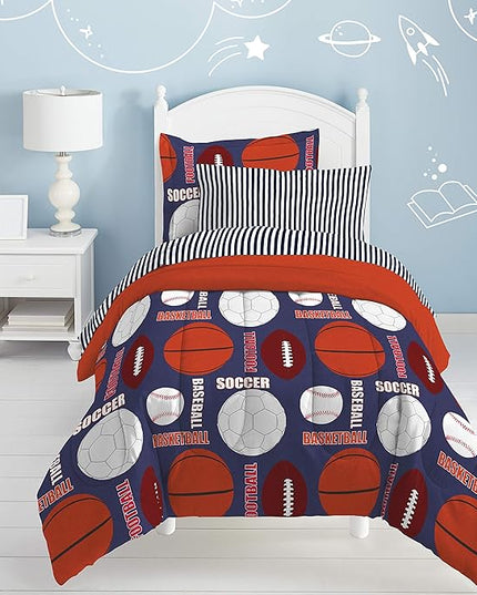 dream FACTORY Kids 5-Piece Complete Set Easy-Wash Super Soft Microfiber Comforter Bedding, Twin, Age range (3 to 10 Years), Navy All Sports - LeafyLoom