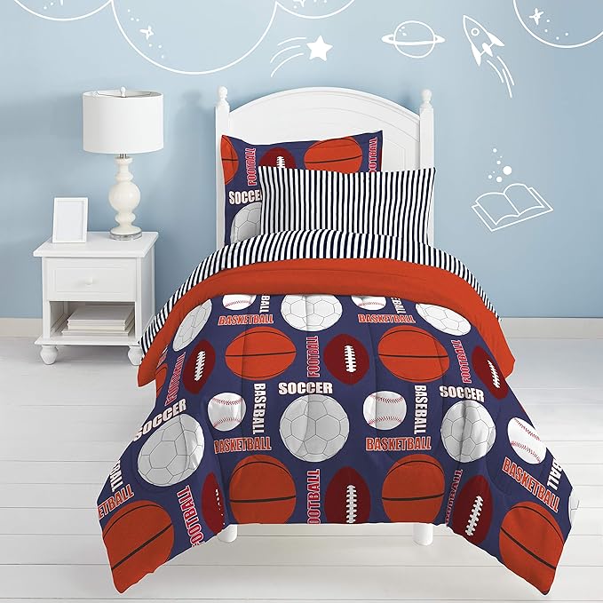 dream FACTORY Kids 5-Piece Complete Set Easy-Wash Super Soft Microfiber Comforter Bedding, Twin, Age range (3 to 10 Years), Navy All Sports - LeafyLoom