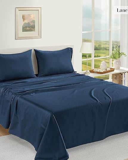 LANE LINEN 100% Egyptian Cotton Bed Sheets - 1000 Thread Count 4-Piece King Sheets Set, Long Staple Cotton Bedding Sheets, Sateen Weave, Luxury Hotel Sheets, Fits Upto 16" Mattress - Estate Blue - LeafyLoom