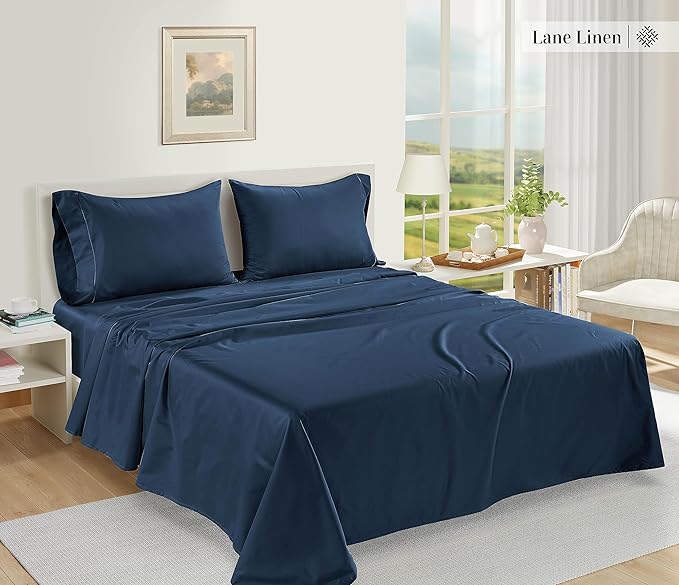 LANE LINEN 100% Egyptian Cotton Bed Sheets - 1000 Thread Count 4PC Queen Sheets Set, Long Staple Cotton Bedding Sheets, Sateen Weave, Luxury Hotel Sheets, Deep Pocket - Estate Blue - LeafyLoom