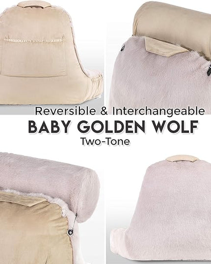 Husband Pillow XXL Baby Golden Wolf Fabulous Faux Fur Backrest, Two-Tone Reversible Double Sided Reading & Bed Rest Pillow with Arms & Neck Roll, Adjustable Memory Foam - Sit Up Extremely Comfy - LeafyLoom