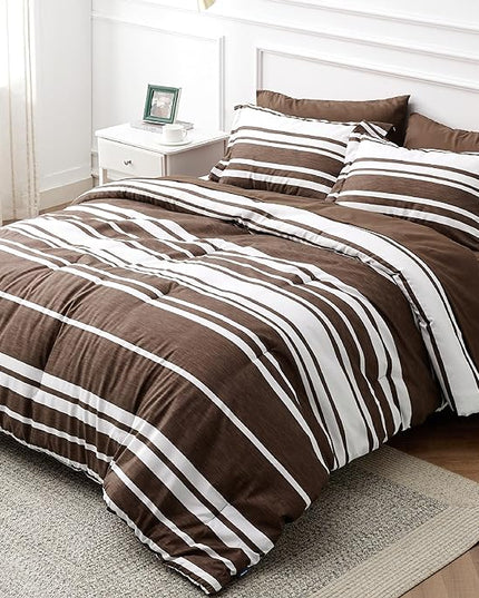Bedsure Bed in a Bag Queen Size 7-Piece Brown White Striped Bedding Comforter Sets All Season Bed Set, 2 Pillow Shams, Flat Sheet, Fitted Sheet and 2 Pillowcases - LeafyLoom