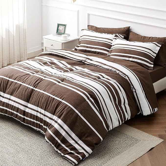 Bedsure Queen Comforter Set 7-Piece Brown White Striped Bed in a Bag All Season Reversible Bed Set, 2 Pillow Shams, Flat Sheet, Fitted Sheet and 2 Pillowcases - LeafyLoom