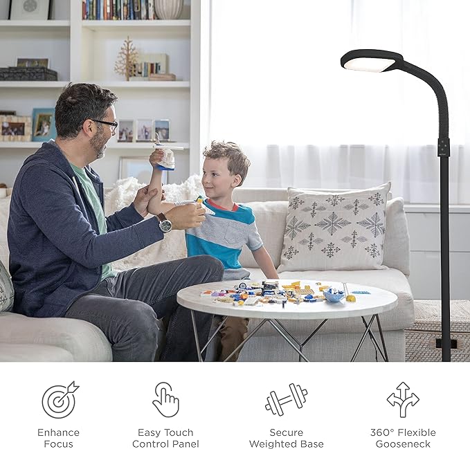 Verilux SmartLight Full Spectrum LED Modern Floor Lamp with Adjustable Brightness, Flexible Gooseneck and Easy Controls - Reduces Eye Strain and Fatigue - Ideal for Reading, Artists, Craft (Black) - LeafyLoom