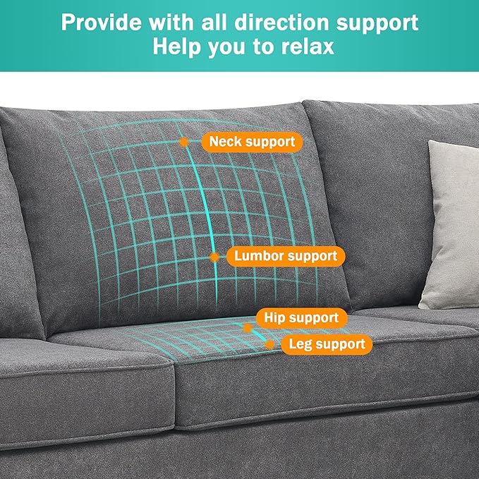 91" Modern Upholstered Living Room Sectional Sofa,with 3 Pillows,L Shape Wood Frame Furniture Couch,w/Track Armrests,Cushions and Legs,for Dorm, Apartment,Studio,Office,Grey - LeafyLoom