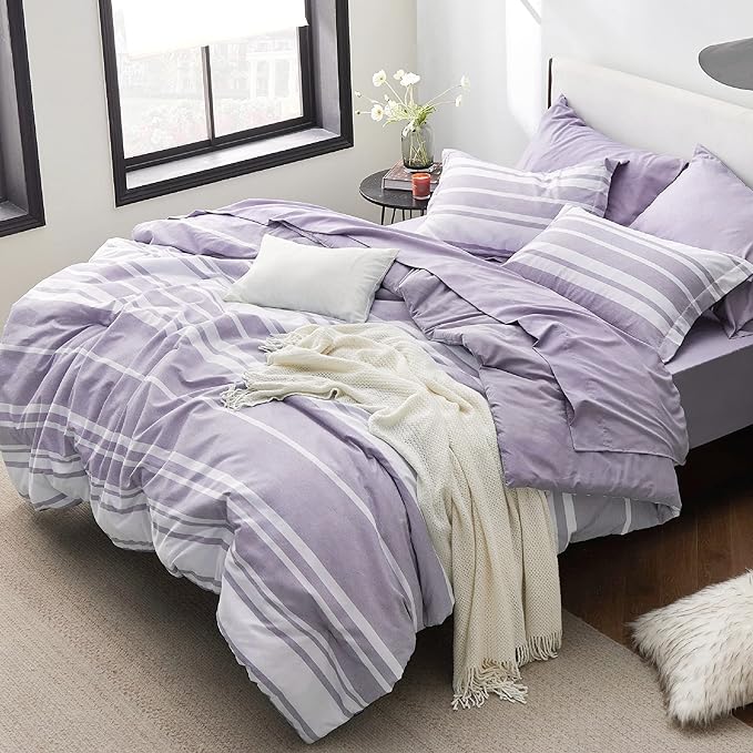 Bedsure Bed in a Bag King Size 7 Pieces, Purple White Striped Bedding Comforter Sets All Season Bed Set, 2 Pillow Shams, Flat Sheet, Fitted Sheet and 2 Pillowcases - LeafyLoom