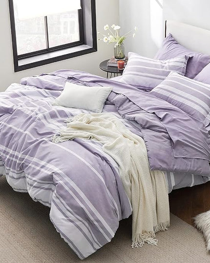 Bedsure Bed in a Bag Queen Size 7 Pieces, Purple White Striped Bedding Comforter Sets All Season Bed Set, 2 Pillow Shams, Flat Sheet, Fitted Sheet and 2 Pillowcases - LeafyLoom