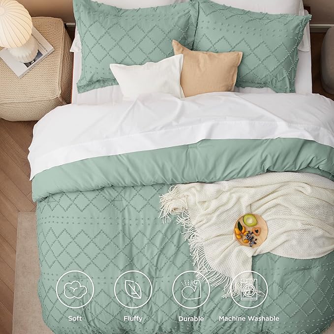 Bedsure California King Comforter Set - Sage Green Comforter, Boho Tufted Shabby Chic Bedding Comforter Set, 3 Pieces Farmhouse Bed Set for All Seasons, Fluffy Soft Bedding Set with 2 Pillow Shams - LeafyLoom