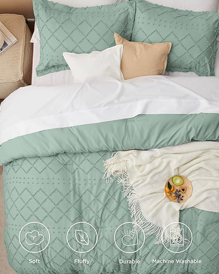Bedsure Full Size Comforter Set - Sage Green Comforter, Boho Tufted Shabby Chic Bedding Comforter Set, 3 Pieces Farmhouse Bed Set for All Seasons, Fluffy Soft Bedding Set with 2 Pillow Shams - LeafyLoom